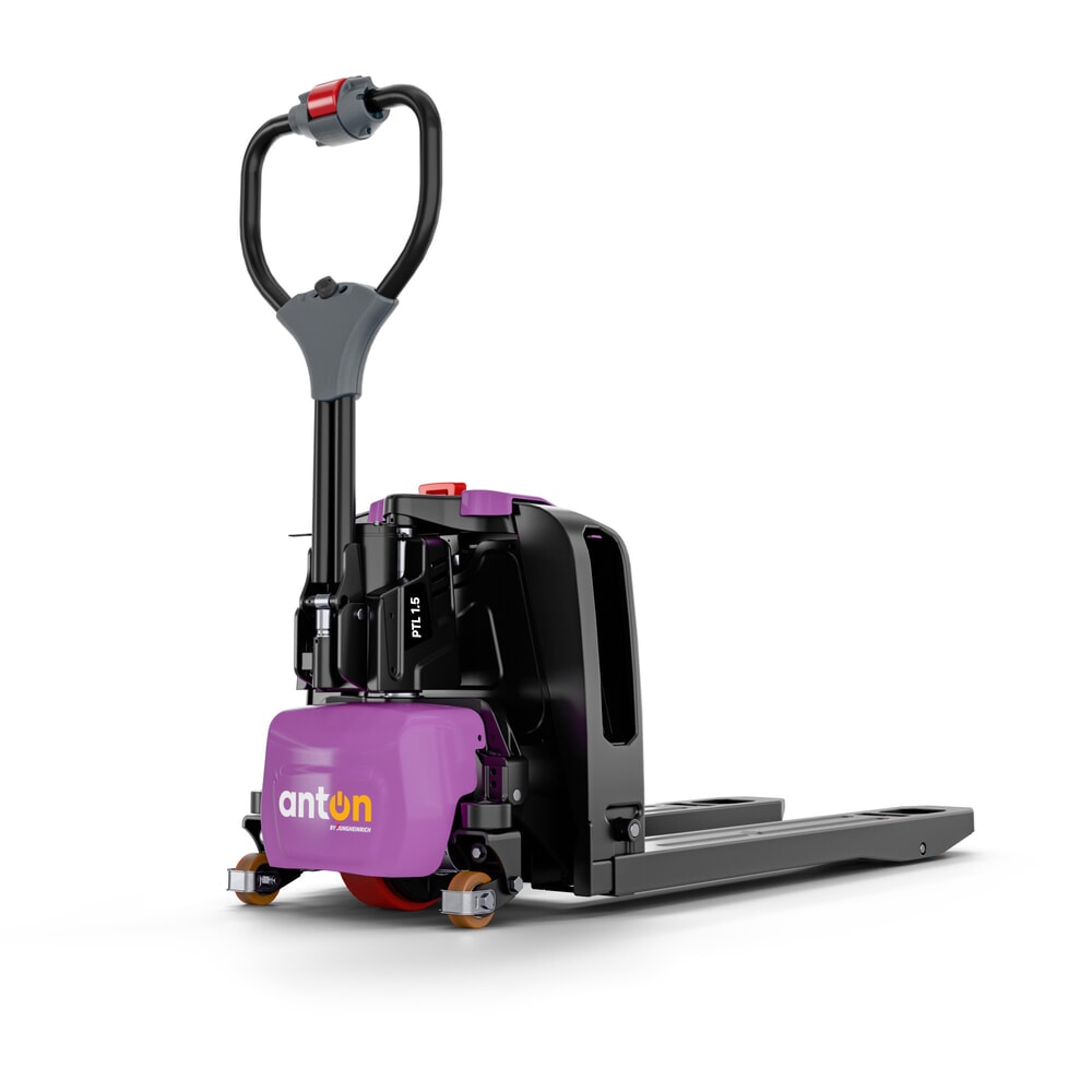 Immagine del prodotto n. 1: AntOn di Jungheinrich transpallet elettrico PTL 1.5 con ruote di supporto, extra largo per pallet speciali, portata 1.500 kg, lunghezza forche 1.150 mm