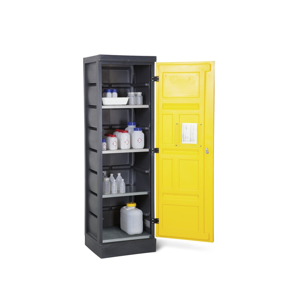 Denios armadietto per sostanze chimiche in PE, AxLxP 1.990 x 610 x 640 mm, 3 vasche di raccolta + 1 griglia in acciaio inox Immagine del prodotto: Denios armadietto per sostanze chimiche in PE, AxLxP 1.990 x 610 x 640 mm, 3 vasche di raccolta + 1 griglia in acciaio inox