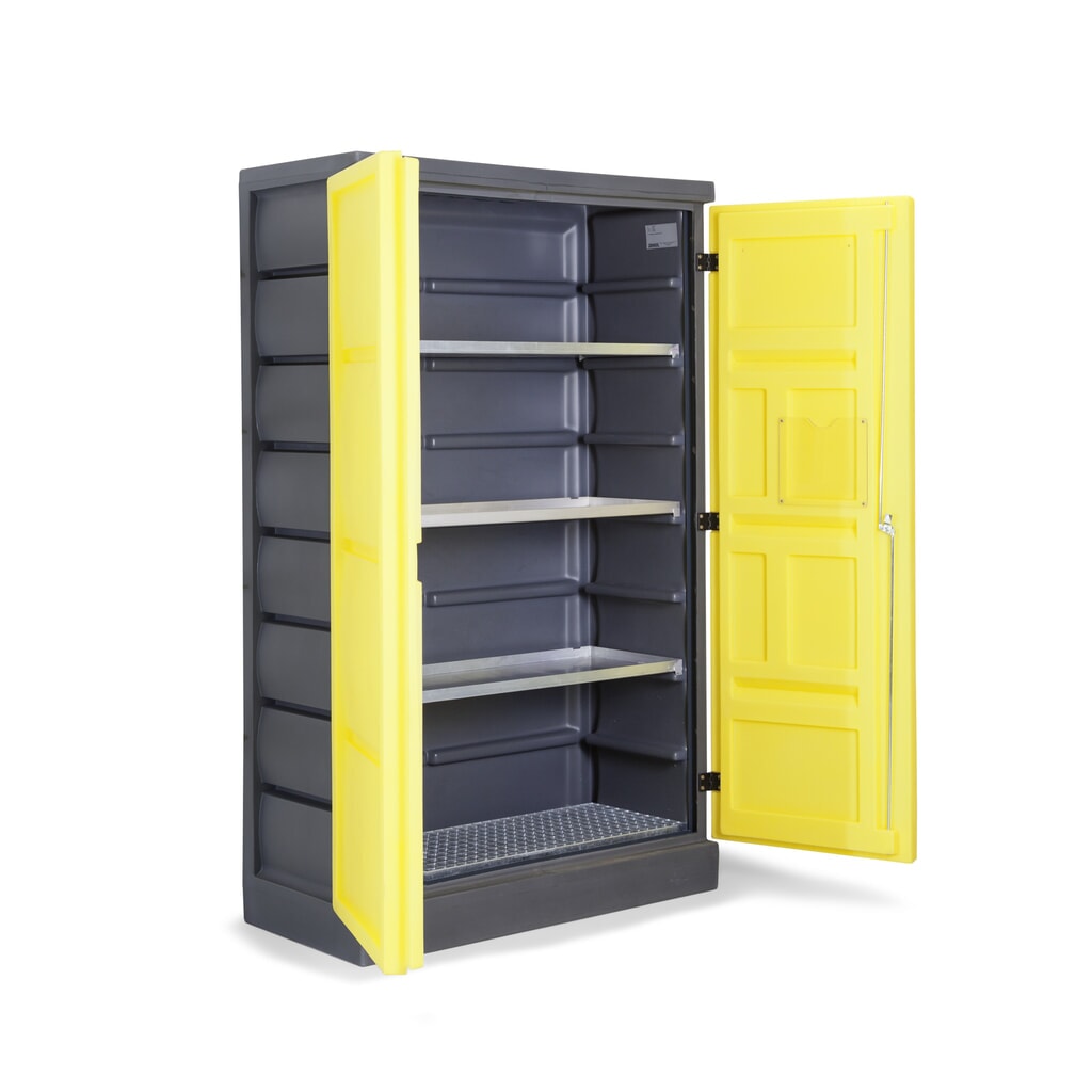 Denios armadietto per sostanze chimiche in PE, AxLxP 1.990 x 1.225 x 640 mm, 3 vasche di raccolta + 1 griglia in acciaio inox Immagine del prodotto: Denios armadietto per sostanze chimiche in PE, AxLxP 1.990 x 1.225 x 640 mm, 3 vasche di raccolta + 1 griglia in acciaio inox
