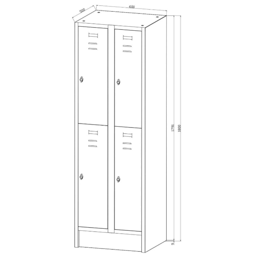 Immagine del prodotto n. 3: Armadietto spogliatoio con panca HEMMDAL HG-SB-2, chiusura a chiavistello, a 2 livelli, 4 vani, AxLxP 1.800 x 600 x 500 mm, grigio chiaro