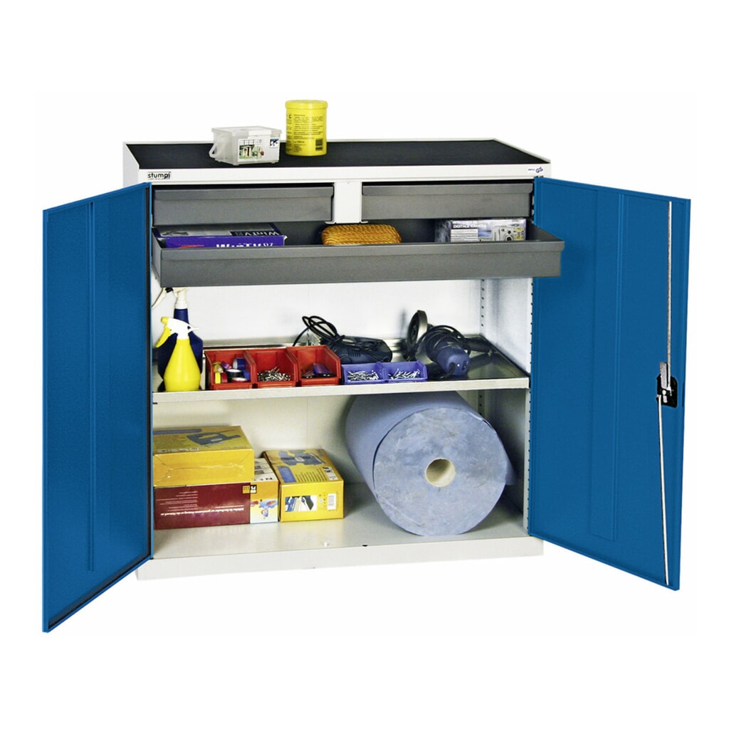 Armadio ad anta battente con 3 cassetti e 1 vaschetta, AxLxP 1.000 x 1.000 x 500 mm, grigio/blu Immagine del prodotto: Armadio ad anta battente con 3 cassetti e 1 vaschetta, AxLxP 1.000 x 1.000 x 500 mm, grigio/blu