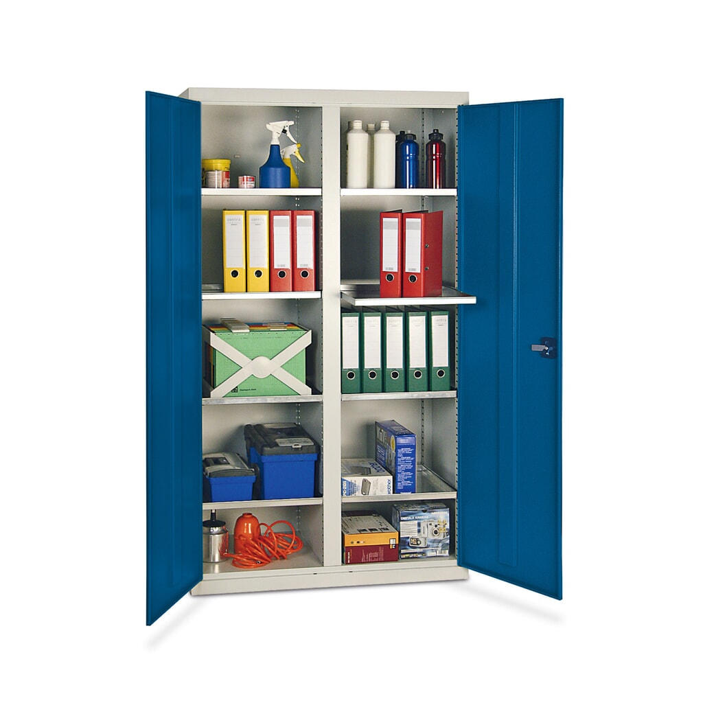 Immagine del prodotto: Armadio ad ante battenti da officina stumpf® con 8 vaschette + divisore, AxLxP 1.800 x 1.000 x 500 mm, grigio chiaro