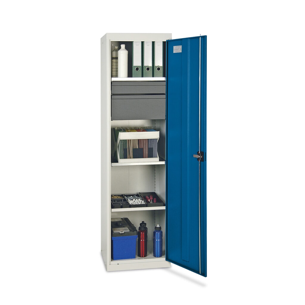 Immagine del prodotto: Armadio ad ante battenti da officina stumpf® con 2 cassetti + 3 vaschette, AxLxP 1.800 x 500 x 500 mm, grigio chiaro/blu genziana