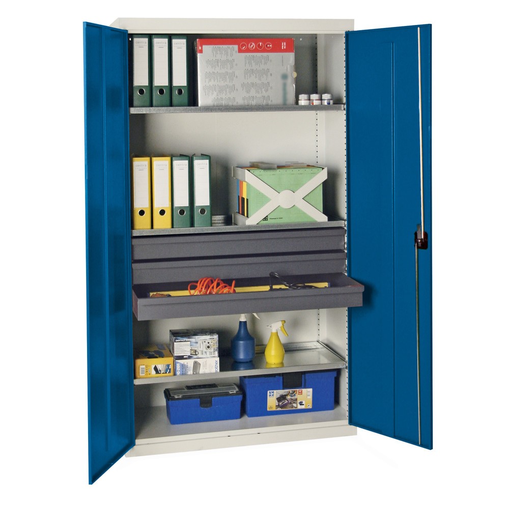 Immagine del prodotto: Armadio ad ante battenti da officina stumpf® con 3 cassetti + 3 vaschette, AxLxP 1.800 x 1.000 x 500 mm, grigio chiaro/blu genziana