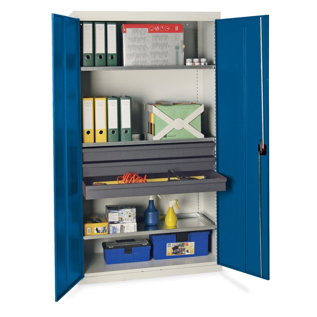 Armadio ad ante battenti da officina stumpf® con 3 cassetti + 3 vaschette, AxLxP 1.800 x 1.000 x 500 mm, grigio chiaro/blu genziana Immagine del prodotto: Armadio ad ante battenti da officina stumpf® con 3 cassetti + 3 vaschette, AxLxP 1.800 x 1.000 x 500 mm, grigio chiaro/blu genziana