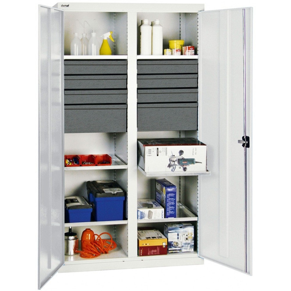 Immagine del prodotto: Armadio ad ante battenti da officina stumpf® con 14 cassetti + 4 vaschette + divisore, AxLxP 1.800 x 1.000 x 500 mm, grigio chiaro