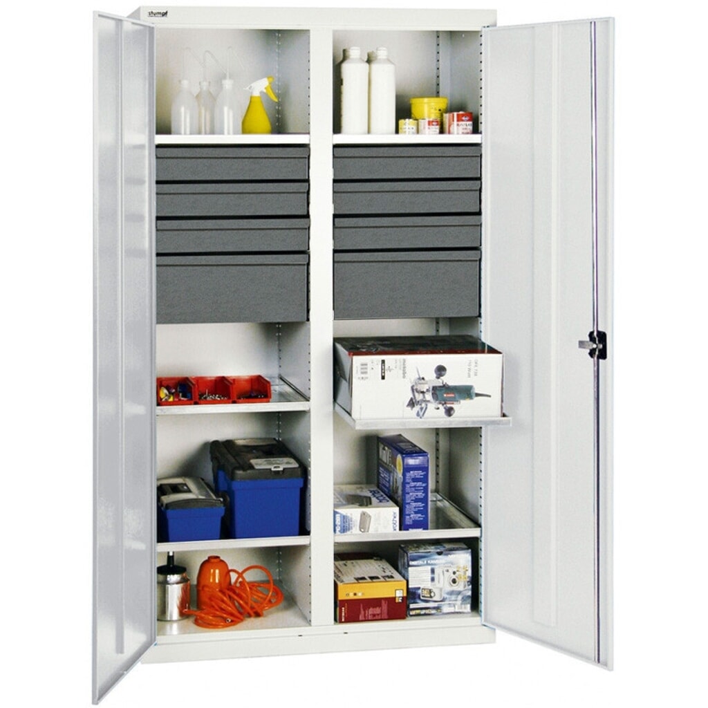 Immagine del prodotto: Armadio ad ante battenti da officina stumpf® con 14 cassetti + 4 vaschette + divisore, AxLxP 1.800 x 1.000 x 500 mm, grigio chiaro