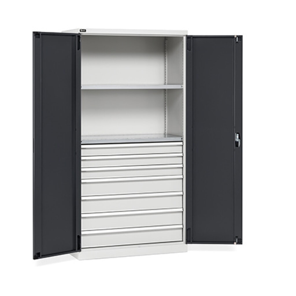 Immagine del prodotto: Armadio con ante a battente Fami PERFOM, 7 cassetti, 2 ripiani, AxLxP 2.000 x 1.023 x 726 mm, grigio chiaro, antracite