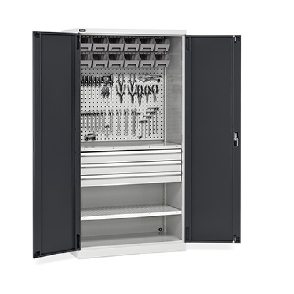 Immagine del prodotto: Armadio da officina Fami PERFOM, 3 cassetti, piastre forate, contenitore a bocca di lupo, AxLxP 2.000 x 1.023 x 726 mm, grigio chiaro, antracite