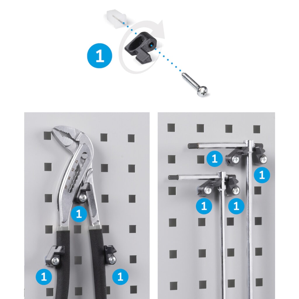 Immagine del prodotto n. 9: Armadio da officina Fami PERFOM, 3 cassetti, piastre forate, contenitore a bocca di lupo, AxLxP 2.000 x 1.023 x 726 mm, grigio chiaro, antracite