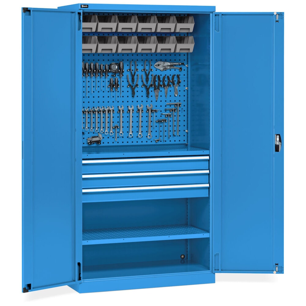 Immagine del prodotto n. 11: Armadio da officina Fami PERFOM, 3 cassetti, piastre forate, contenitore a bocca di lupo, AxLxP 2.000 x 1.023 x 726 mm, azzurro