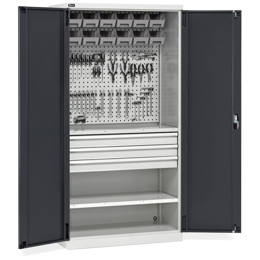 Immagine del prodotto n. 11: Armadio da officina Fami PERFOM, 3 cassetti, piastre forate, contenitore a bocca di lupo, AxLxP 2.000 x 1.023 x 726 mm, grigio chiaro, antracite