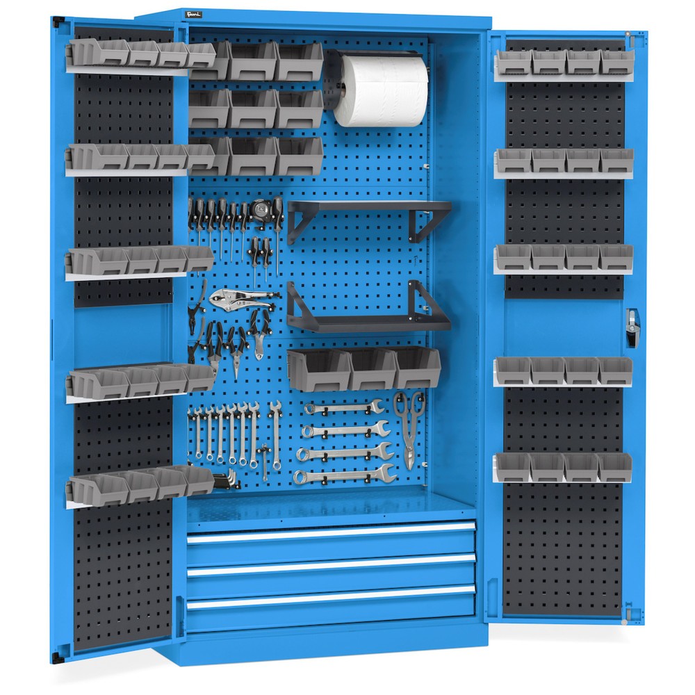 Immagine del prodotto n. 1: Armadio da officina Fami PERFOM, 4 ripiani forati, 3 cassetti, piastre forate per anta, contenitori a bocca di lupo, AxLxP 2.000 x 1.023 x 726 mm, azzurro