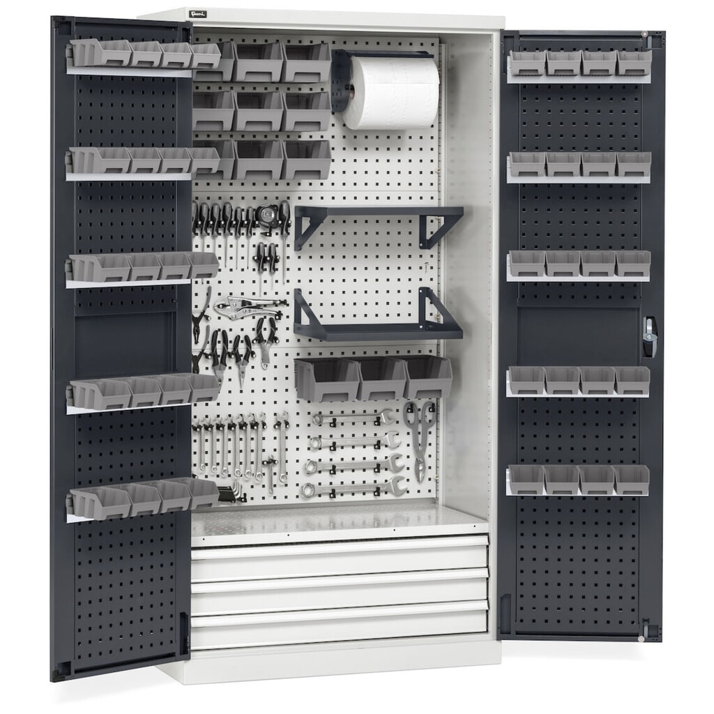 Immagine del prodotto n. 13: Armadio da officina Fami PERFOM, 4 ripiani forati, 3 cassetti, piastre forate per anta, contenitori a bocca di lupo, AxLxP 2.000 x 1.023 x 726 mm, grigio chiaro, antracite