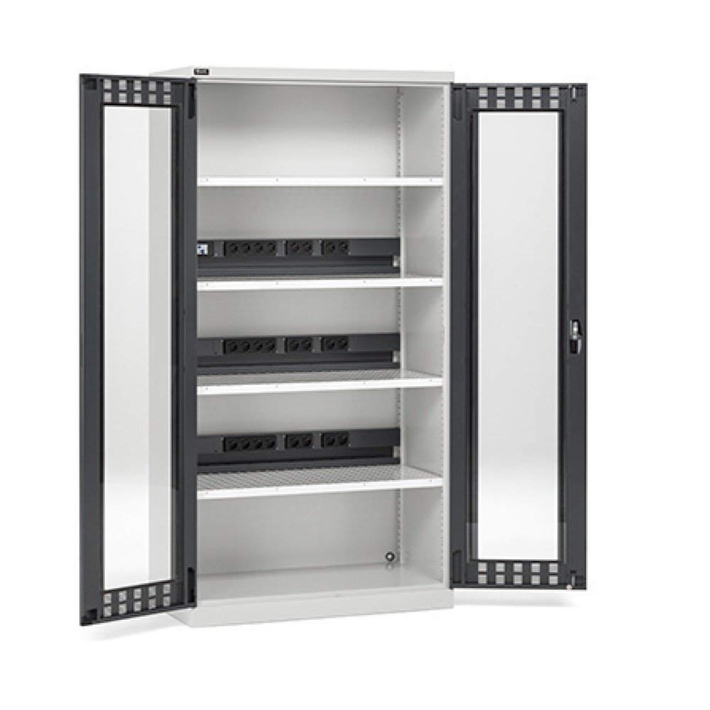 Immagine del prodotto: Armadio di ricarica per batterie Fami PERFOM con finestre d'ispezione, portata 1.200 kg, 4 ripiani forati, AxLxP 2.000 x 1.023 x 726 mm, grigio chiaro, antracite