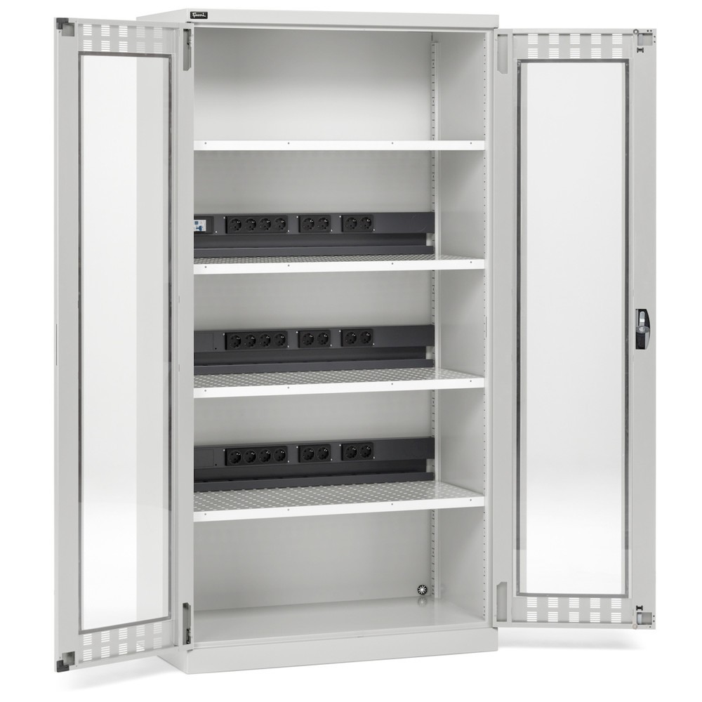 Immagine del prodotto: Armadio di ricarica per batterie Fami PERFOM con finestre d'ispezione, portata 1.200 kg, 4 ripiani forati, AxLxP 2.000 x 1.023 x 726 mm, grigio chiaro