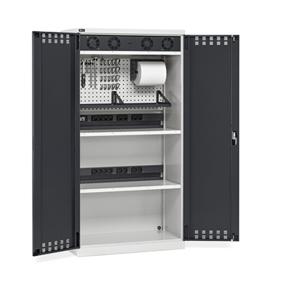 Immagine del prodotto: Armadio di ricarica per batterie Fami PERFOM, 2 ripiani forati, canaline dell'energia, ciabatte multi-presa, griglia del ventilatore, AxLxP 2.000 x 1.023 x 726 mm, grigio chiaro, antracite