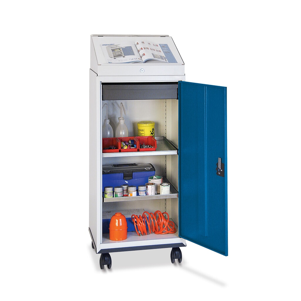 Armadio ad ante battenti da officina stumpf® mobile con scrivania + 1 cassetto + 2 vaschette, grigio/blu Immagine del prodotto: Armadio ad ante battenti da officina stumpf® mobile con scrivania + 1 cassetto + 2 vaschette, grigio/blu