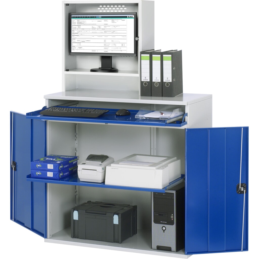 Immagine del prodotto: Armadio per computer RAU, alloggiamento monitor, ripiano estraibile per tastiera, doppia anta a battente, profondità alloggiamento monitor 230, 1 ripiano estraibile, fisso