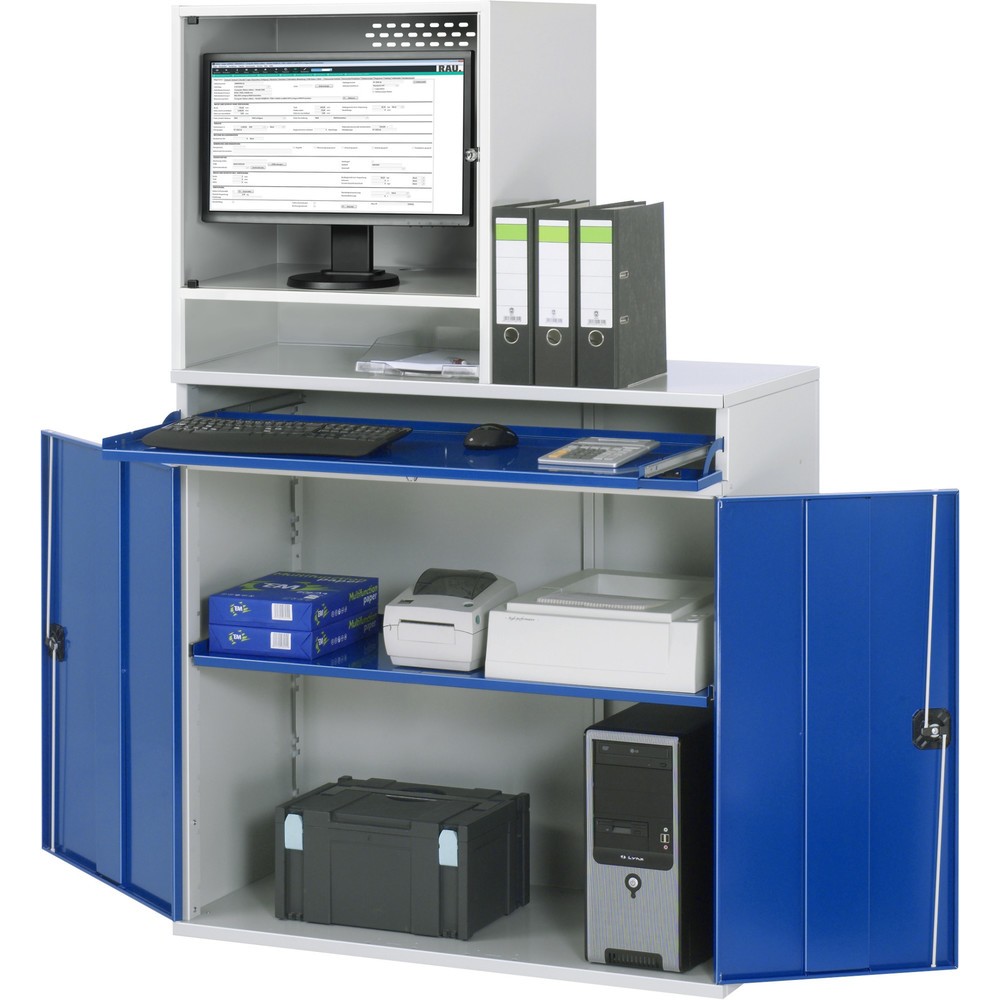 Immagine del prodotto: Armadio per computer RAU, alloggiamento monitor, ripiano estraibile per tastiera, doppia anta a battente, profondità alloggiamento monitor 500, 1 ripiano estraibile, fisso