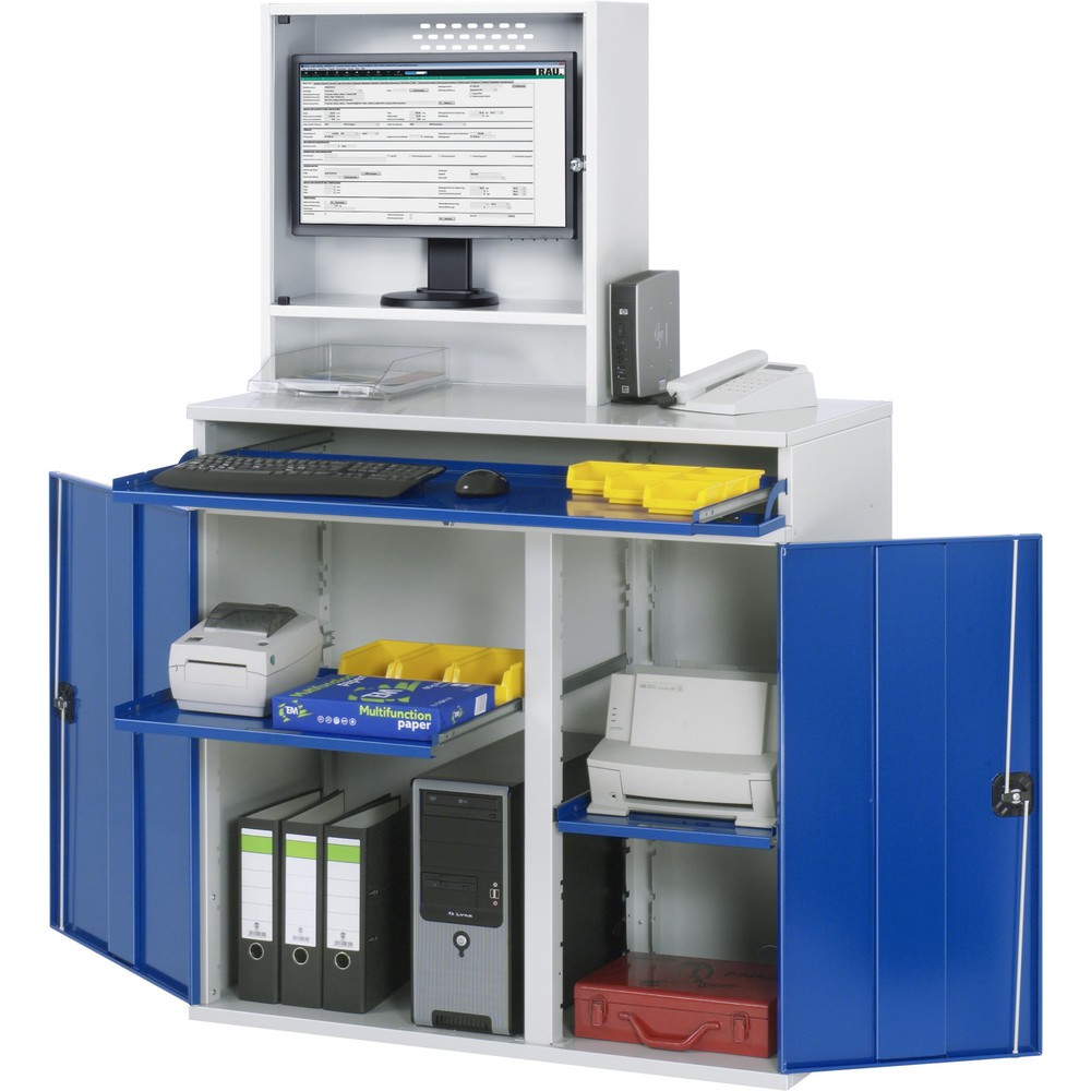 Immagine del prodotto: Armadio per computer RAU, alloggiamento monitor, ripiano estraibile per tastiera, doppia anta a battente, profondità alloggiamento monitor 230, 2 ripiano estraibile, fisso