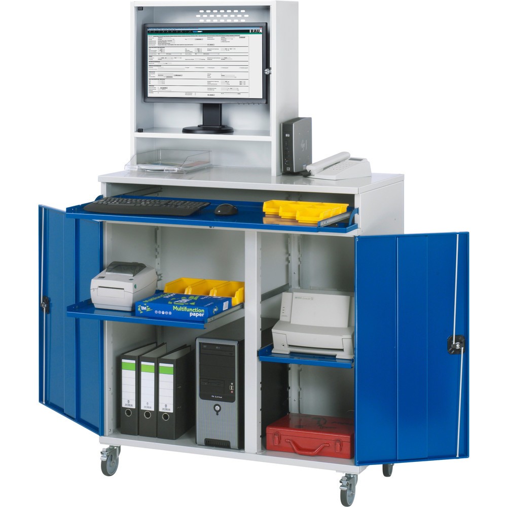 Immagine del prodotto: Armadio per computer RAU, alloggiamento monitor, ripiano estraibile per tastiera, doppia anta a battente, profondità alloggiamento monitor 230, 2 ripiano estraibile, mobile