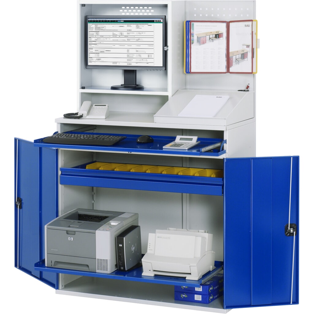 Immagine del prodotto: Armadio per computer RAU, ripiano estraibile per tastiera, doppia anta a battente, parete posteriore con piastra forata, numero di cassetti x H x B: 1 x 80 x 1.020 mm