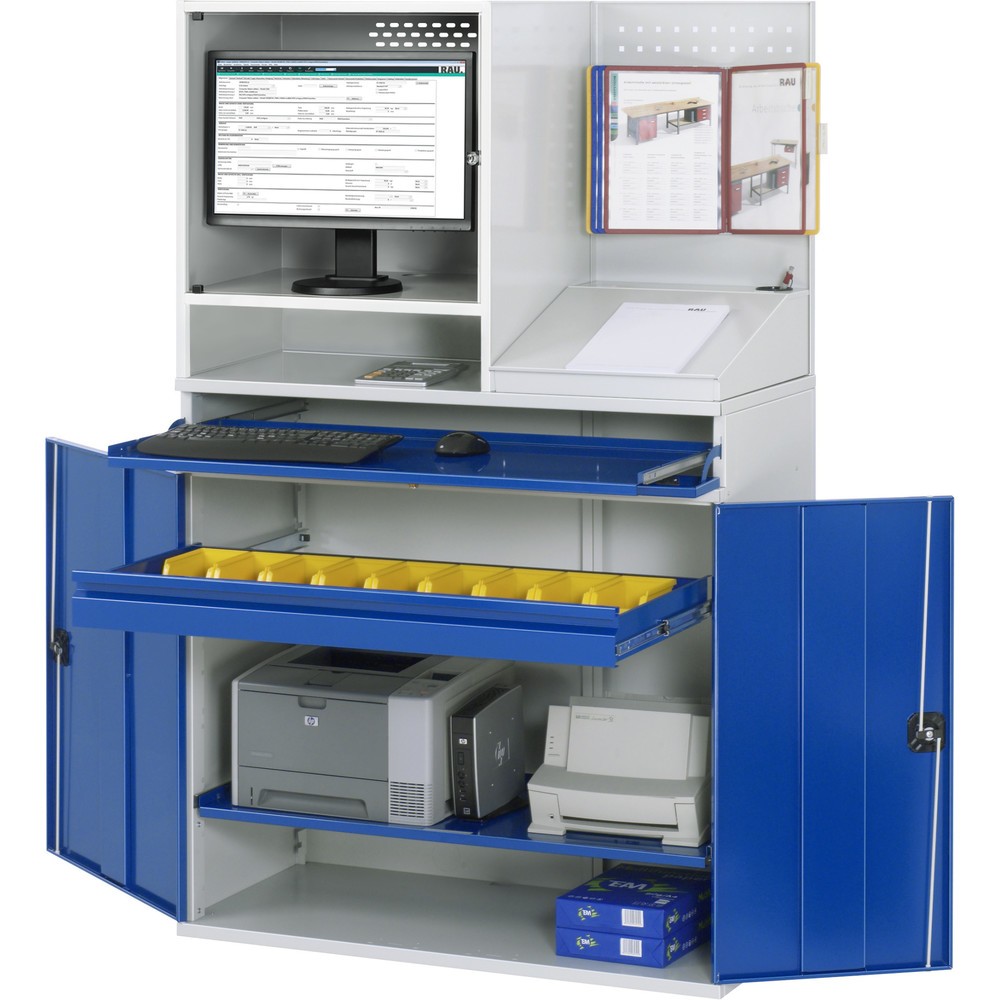 Immagine del prodotto: Armadio per computer RAU, ripiano estraibile per tastiera, doppia anta a battente, parete posteriore con piastra forata, numero di cassetti x H x B: 1 x 80 x 1.020 mm