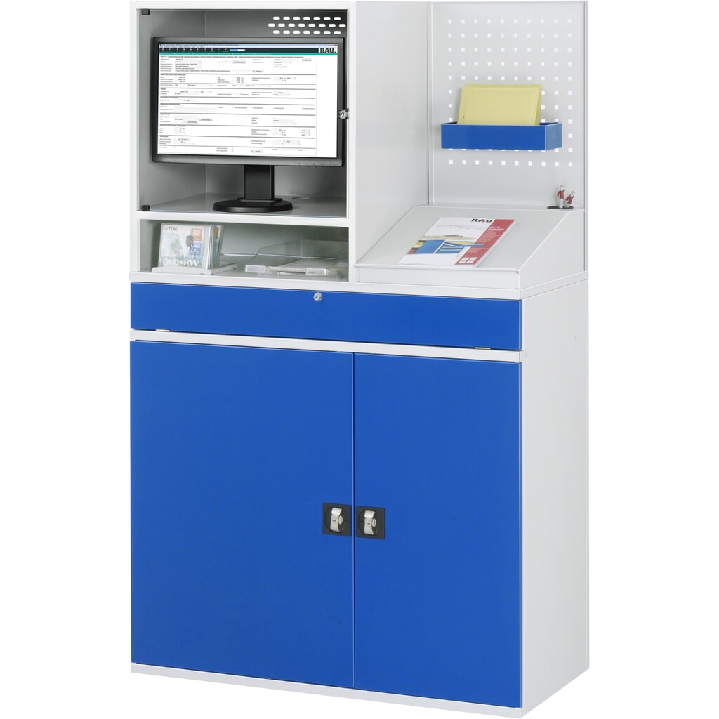 Armadio per computer RAU, alloggiamento monitor, ripiano estraibile per tastiera, parete posteriore con piastra forata, doppia anta a battente, fisso Immagine del prodotto n. 2: Armadio per computer RAU, alloggiamento monitor, ripiano estraibile per tastiera, parete posteriore con piastra forata, doppia anta a battente, fisso