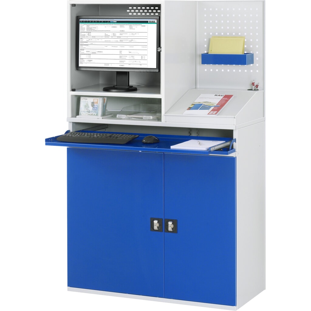 Armadio per computer RAU, alloggiamento monitor, ripiano estraibile per tastiera, parete posteriore con piastra forata, doppia anta a battente, fisso Immagine del prodotto n. 3: Armadio per computer RAU, alloggiamento monitor, ripiano estraibile per tastiera, parete posteriore con piastra forata, doppia anta a battente, fisso