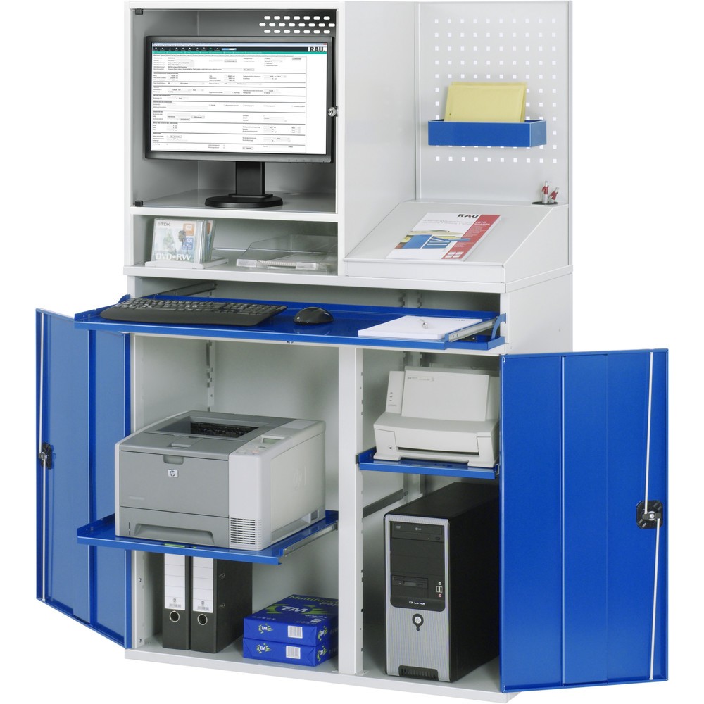Immagine del prodotto: Armadio per computer RAU, alloggiamento monitor, ripiano estraibile per tastiera, parete posteriore con piastra forata, doppia anta a battente, fisso