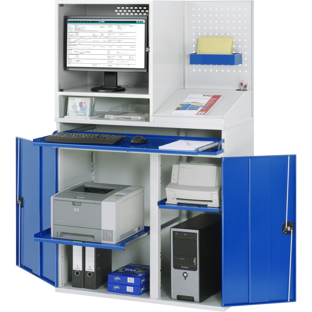 Immagine del prodotto: Armadio per computer RAU, alloggiamento monitor, ripiano estraibile per tastiera, parete posteriore con piastra forata, doppia anta a battente, fisso