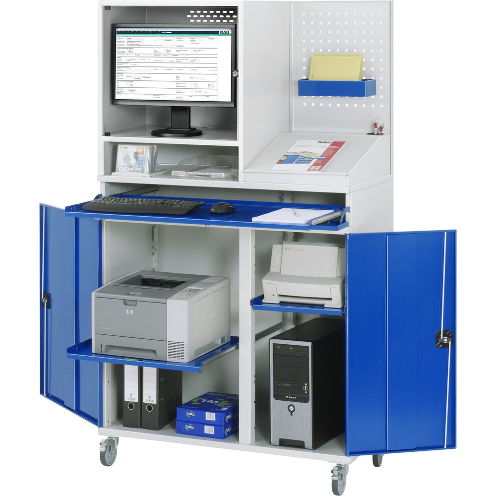 Immagine del prodotto: Armadio per computer RAU, alloggiamento monitor, ripiano estraibile per tastiera, parete posteriore con piastra forata, doppia anta a battente, mobile
