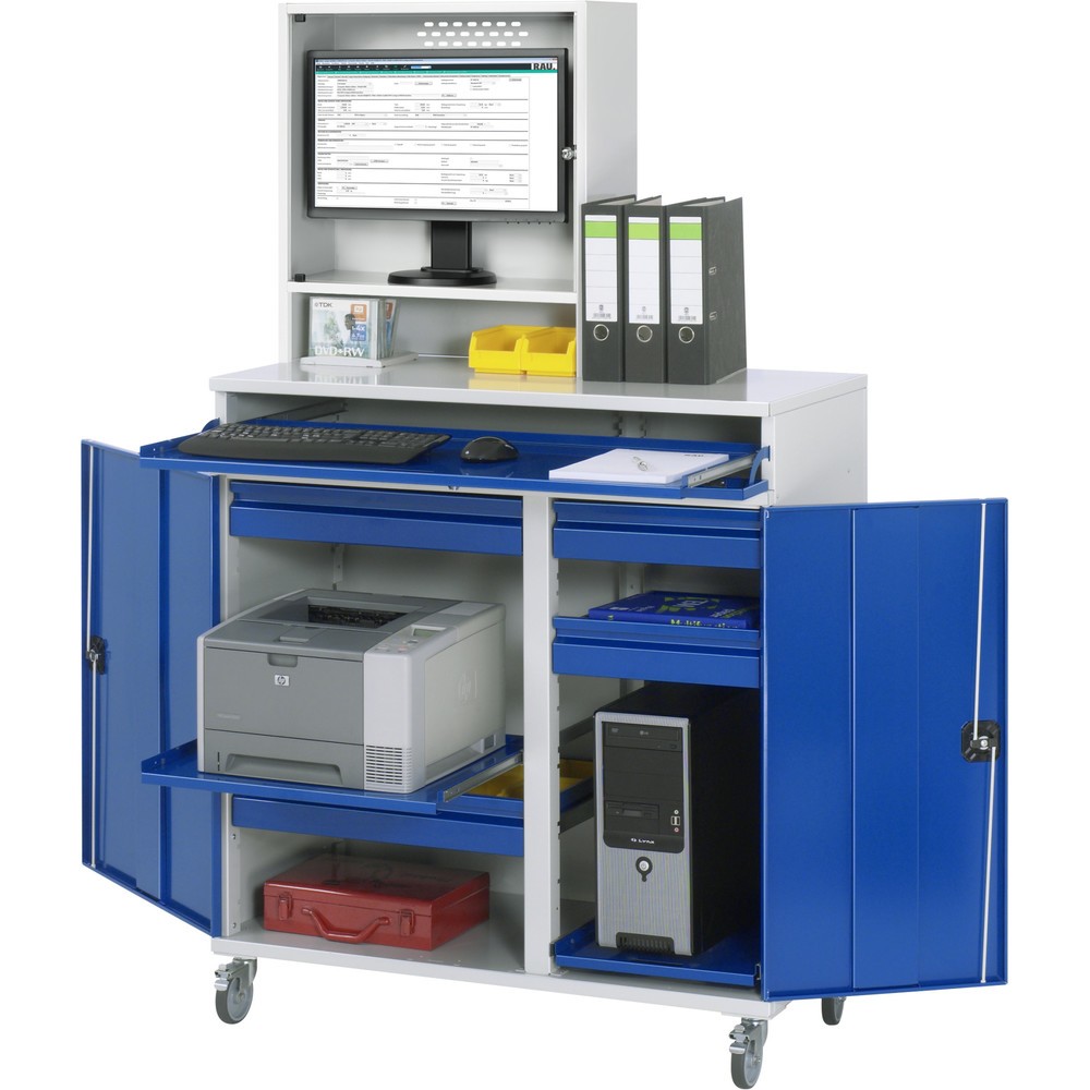 Immagine del prodotto n. 1: Armadio per computer RAU mobile, ripiano estraibile per tastiera, doppia anta a battente, numero di cassetti x H x B: 4 x 80 x 450-650 mm