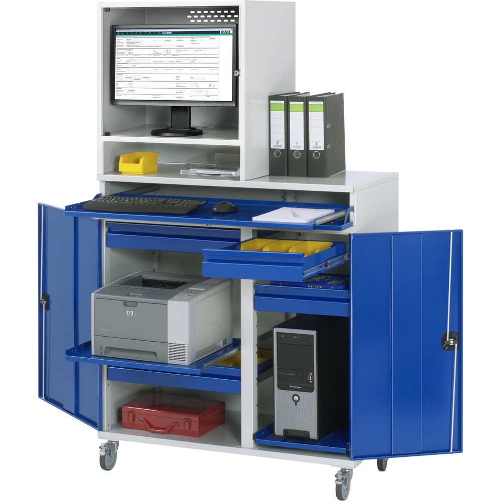 Immagine del prodotto: Armadio per computer RAU mobile, ripiano estraibile per tastiera, doppia anta a battente, numero di cassetti x H x B: 4 x 80 x 450-650 mm