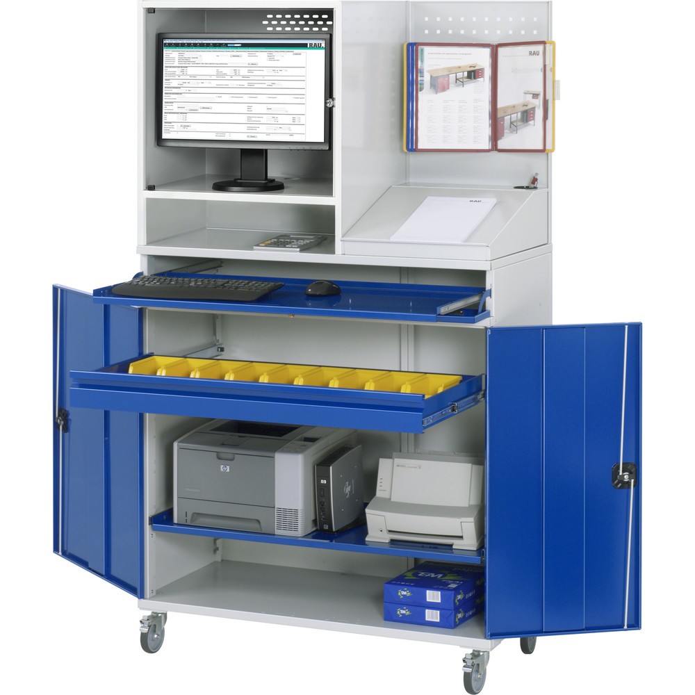 Immagine del prodotto: Armadio per computer RAU mobile, ripiano estraibile per tastiera, doppia anta a battente, parete posteriore con piastra forata, numero di cassetti x H x B: 1 x 80 x 1.020 mm