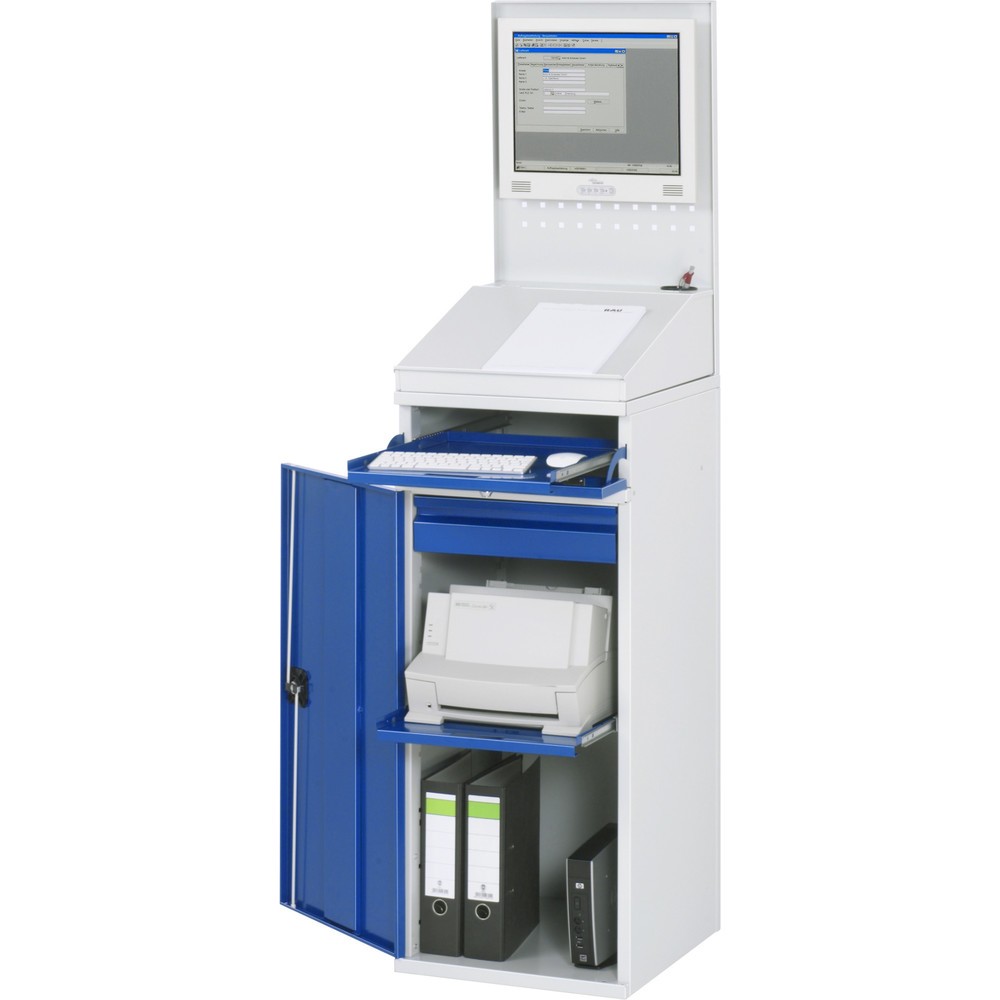 Immagine del prodotto n. 1: Armadio per computer RAU, ripiano estraibile per tastiera, anta a battente, parete posteriore in piastra forata, cassetti, fisso