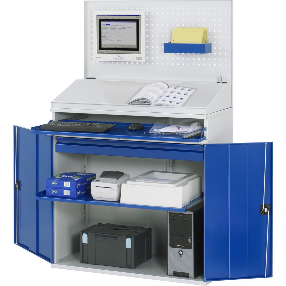 Immagine del prodotto: Armadio per computer RAU, ripiano estraibile per tastiera, doppia anta a battente, parete posteriore in piastra forata, numero di cassetti x H x B: 1 x 80 x 1.020 mm, fisso