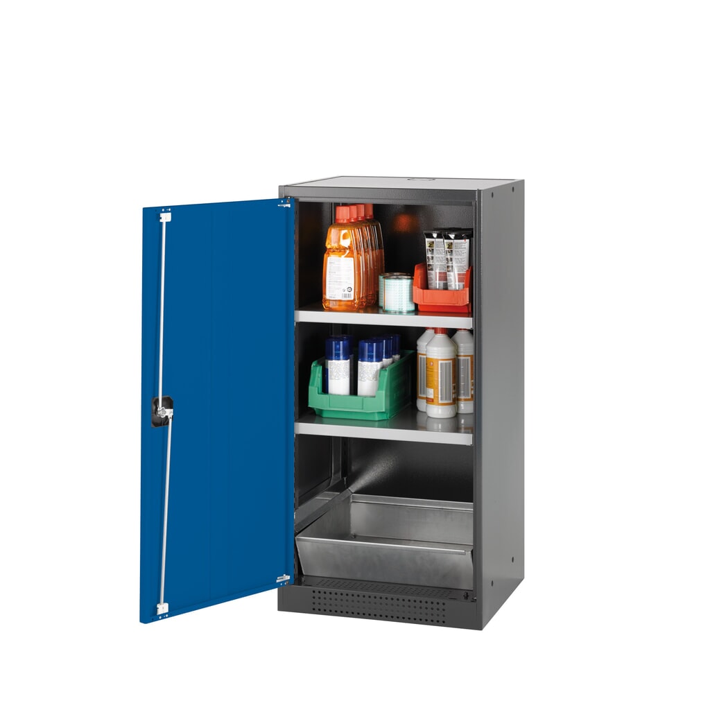 Immagine del prodotto: armadio per sostanze chimiche asecos® CS-CLASSIC, con vasca di raccolta a pavimento dotata di lamiera forata e 2 ripiani, HxBxT 1.105 x 545 x 520 mm, blu genziana