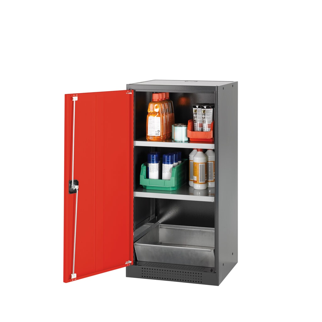 Immagine del prodotto: armadio per sostanze chimiche asecos® CS-CLASSIC, con vasca di raccolta a pavimento dotata di lamiera forata e 2 ripiani, HxBxT 1.105 x 545 x 520 mm, rosso traffico