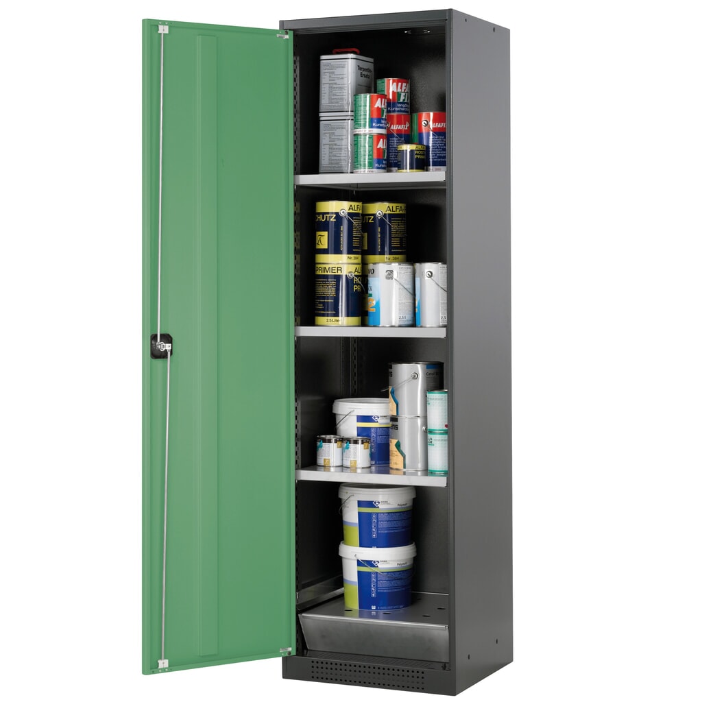 Immagine del prodotto: armadio per sostanze chimiche asecos® CS-CLASSIC, con vasca di raccolta a pavimento dotata di lamiera forata e 3 ripiani, HxBxT 1.950 x 545 x 520 mm, verde reseda