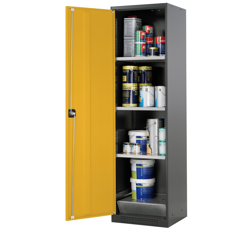 armadio per sostanze chimiche asecos® CS-CLASSIC, con vasca di raccolta a pavimento con lamiera forata e 3 ripiani, HxBxT 1.950 x 545 x 520 mm, giallo oro Immagine del prodotto: armadio per sostanze chimiche asecos® CS-CLASSIC, con vasca di raccolta a pavimento con lamiera forata e 3 ripiani, HxBxT 1.950 x 545 x 520 mm, giallo oro