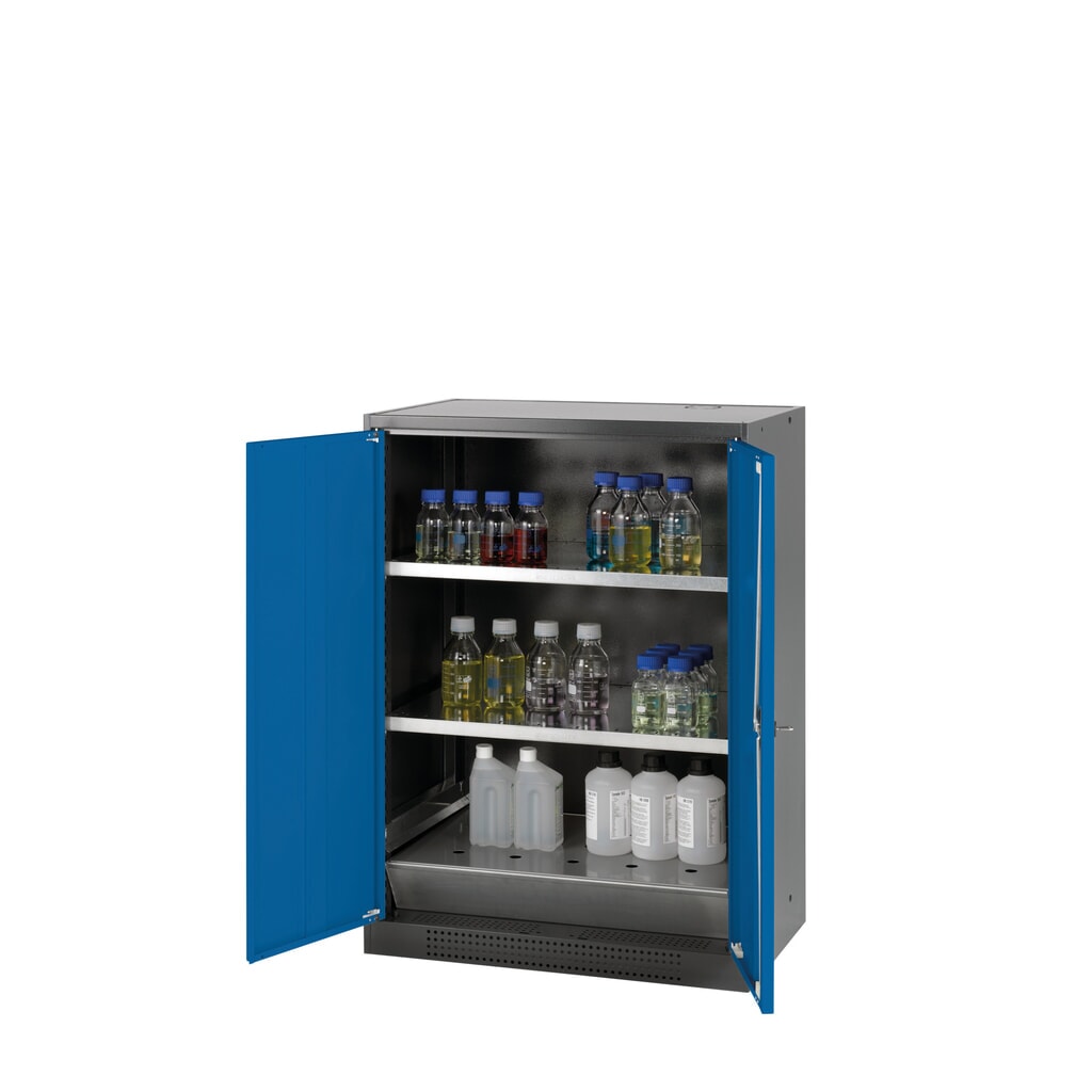 Immagine del prodotto: armadio per sostanze chimiche asecos® CS-CLASSIC, con vasca di raccolta a pavimento dotata di lamiera forata e 2 ripiani, HxBxT 1.105 x 810 x 520 mm, blu genziana