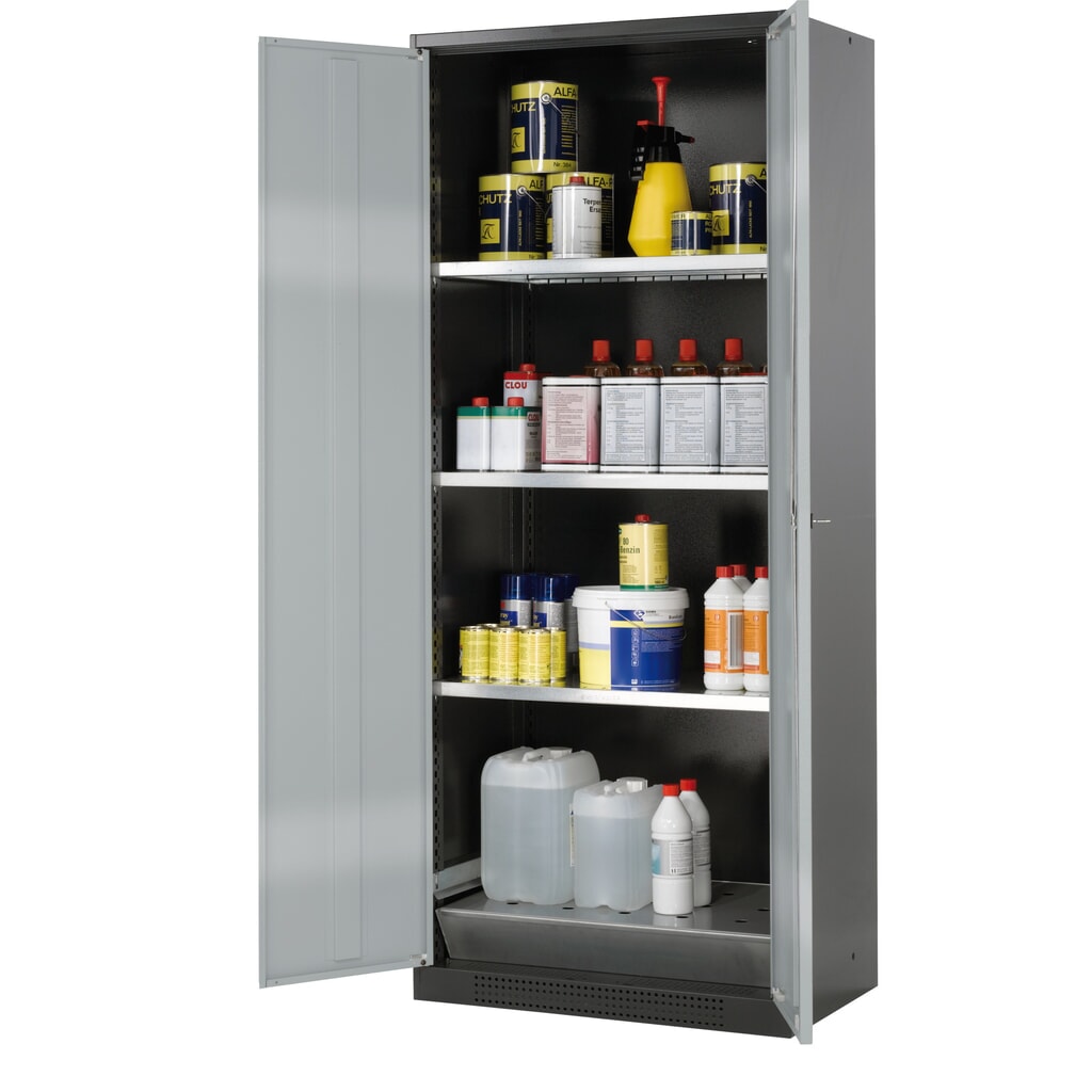 Immagine del prodotto: armadio per sostanze chimiche asecos® CS-CLASSIC, con vasca di raccolta a pavimento dotata di lamiera forata e 3 ripiani, HxBxT 1.950 x 810 x 520 mm, argento