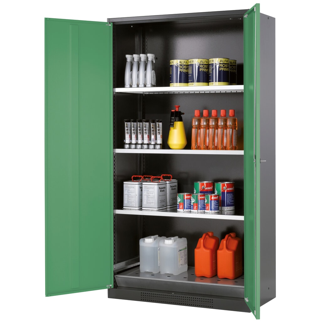 Immagine del prodotto: armadio per sostanze chimiche asecos® CS-CLASSIC, con vasca di raccolta a pavimento con lamiera forata e 3 ripiani, HxBxT 1.950 x 1.055 x 520 mm, verde reseda