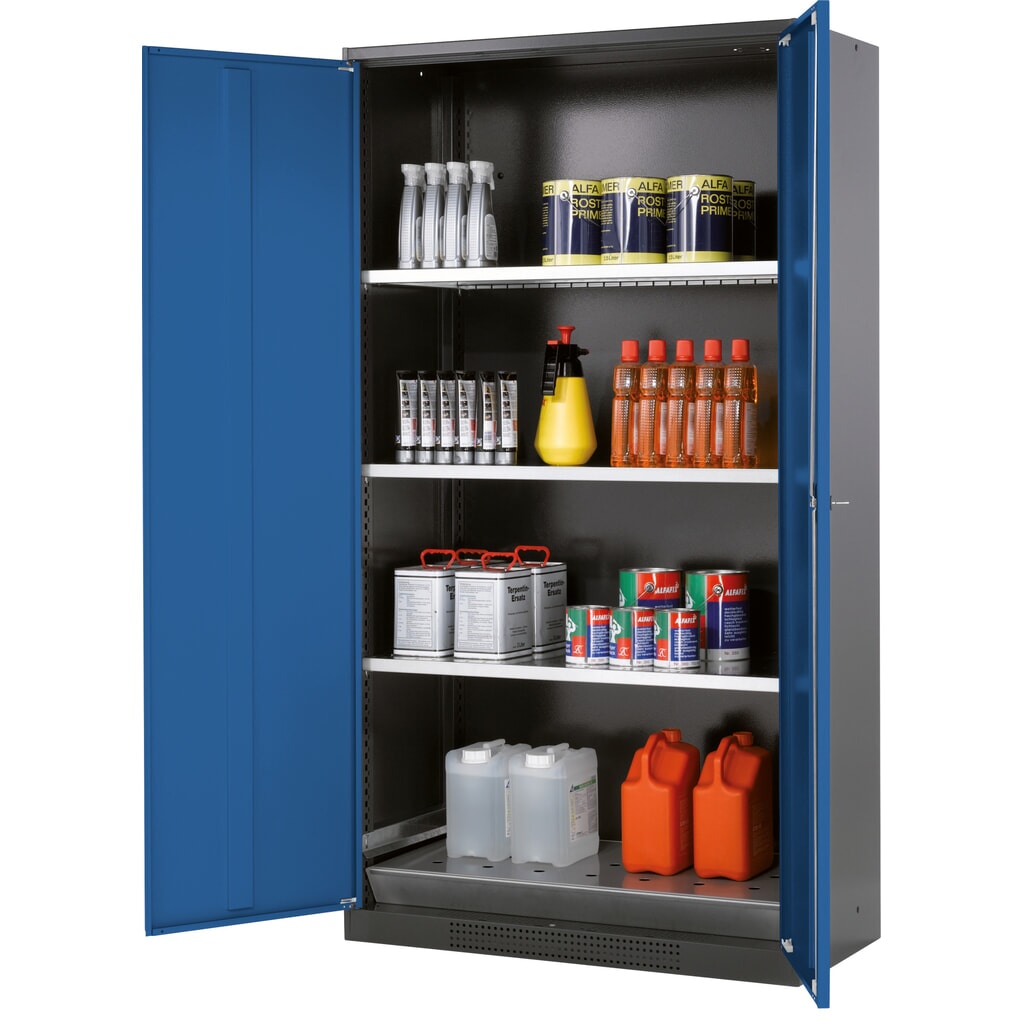 armadio per sostanze chimiche asecos® CS-CLASSIC, con vasca di raccolta a pavimento con lamiera forata e 3 ripiani, HxBxT 1.950 x 1.055 x 520 mm, blu genziana Immagine del prodotto: armadio per sostanze chimiche asecos® CS-CLASSIC, con vasca di raccolta a pavimento con lamiera forata e 3 ripiani, HxBxT 1.950 x 1.055 x 520 mm, blu genziana