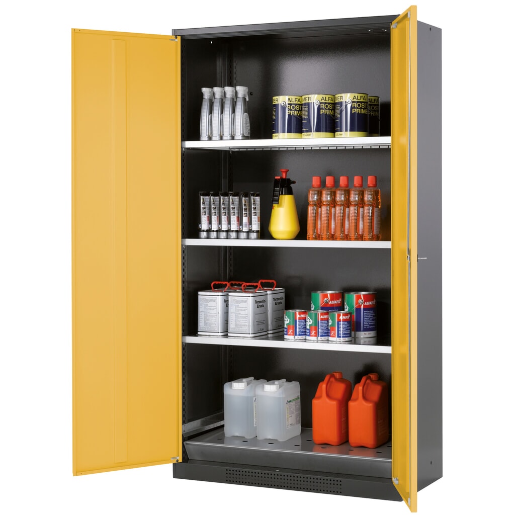 armadio per sostanze chimiche asecos® CS-CLASSIC, con vasca di raccolta a pavimento con lamiera forata e 3 ripiani, HxBxT 1.950 x 1.055 x 520 mm, giallo oro Immagine del prodotto: armadio per sostanze chimiche asecos® CS-CLASSIC, con vasca di raccolta a pavimento con lamiera forata e 3 ripiani, HxBxT 1.950 x 1.055 x 520 mm, giallo oro