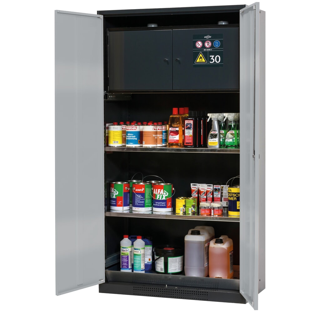 Immagine del prodotto: armadio per sostanze chimiche asecos® CS-CLASSIC-F, con contenitore di sicurezza tipo 30, vasca di raccolta a pavimento con lamiera forata e 2 ripiani, HxBxT 1.950 x 1.055 x 520 mm, argento