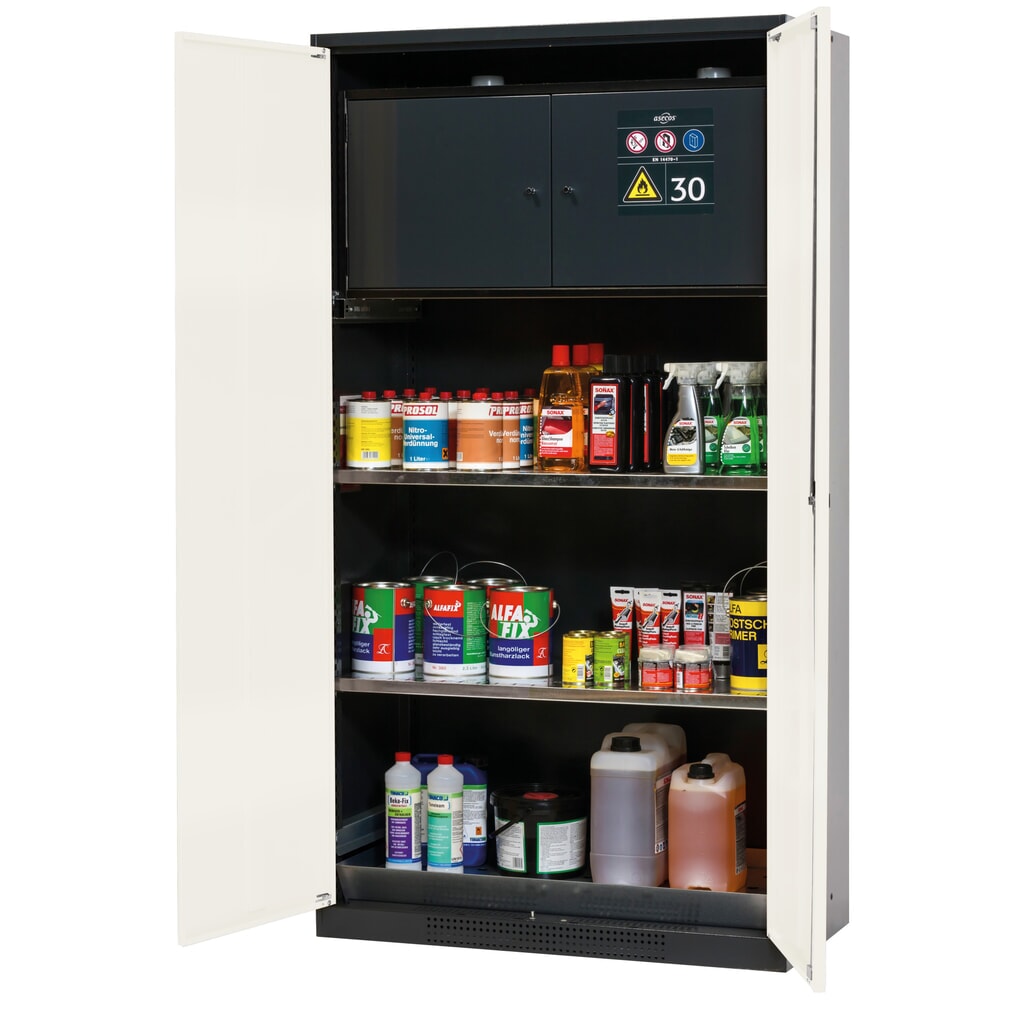 Immagine del prodotto: armadio per sostanze chimiche asecos® CS-CLASSIC-F, con contenitore di sicurezza tipo 30, vasca di raccolta a pavimento con lamiera forata e 2 ripiani, HxBxT 1.950 x 1.055 x 520 mm, bianco puro