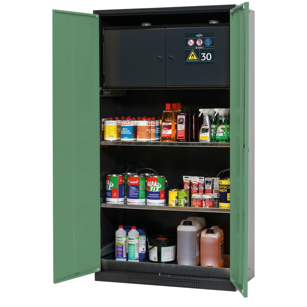 Immagine del prodotto: armadio per sostanze chimiche asecos® CS-CLASSIC-F, con contenitore di sicurezza tipo 30, vasca di raccolta a pavimento con lamiera forata e 2 ripiani, HxBxT 1.950 x 1.055 x 520 mm, verde reseda